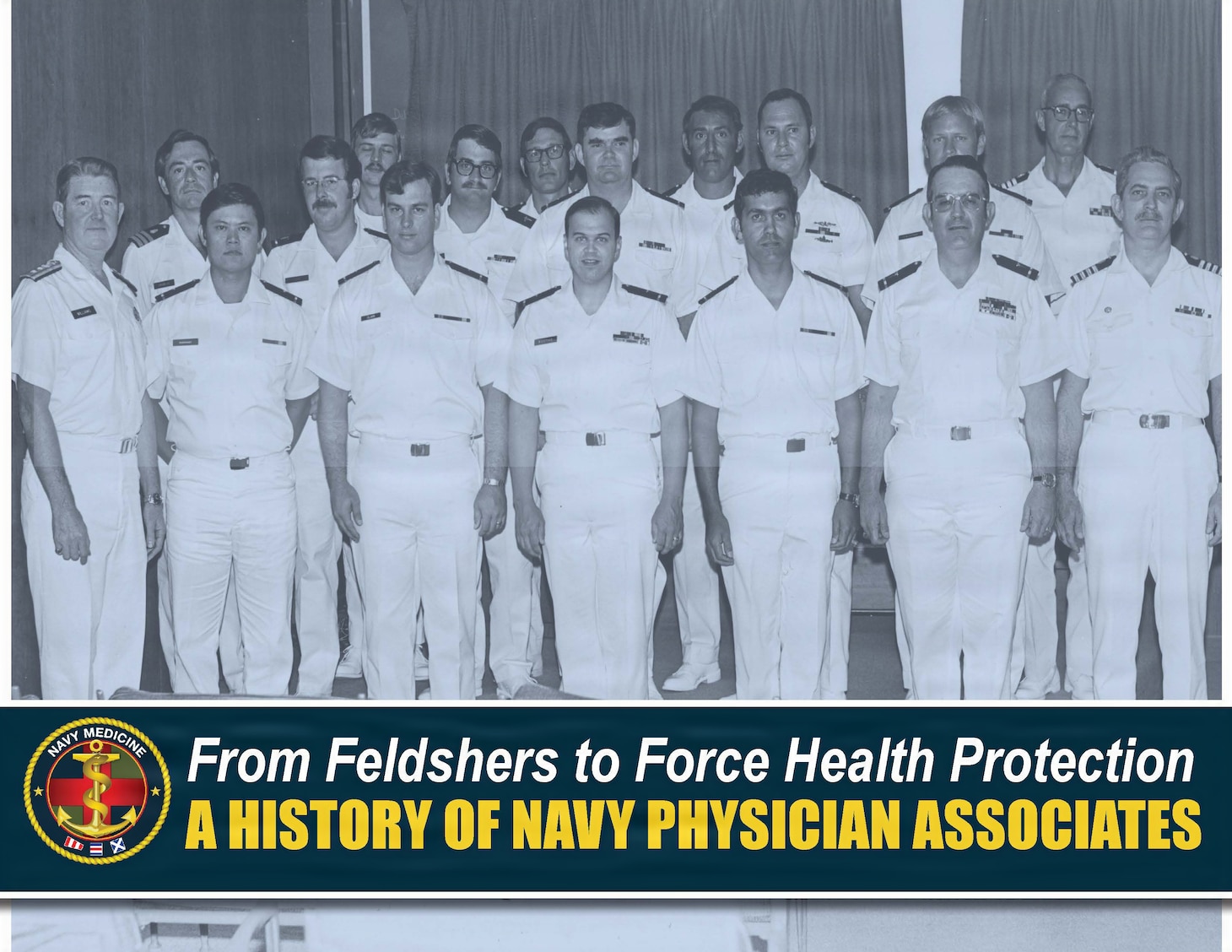 Thirteen of the first 30 U.S. Navy physician assistants with leadership at the National Naval Medical Center (NNMC) Bethesda, Maryland, August 1974. In the original photograph, standing from left to right are: (front row) Rear Admiral R.G. Williams, Jr., commanding officer of NNMC; Warrant Officers Jose P. Rodrigues, Richard O. Clark, John P. Boothe, Pedro A. Colon, Charles L. McMillan; Captain J. William Cox, commanding officer, Naval Health Sciences Education and Training Command; (middle row) Cmdr. Joseph Cassells, U.S. Navy Medical Corps U.S. Navy,  project director at NNMC; Warrant Officers Ronald M. Cope, Robert B. Dunlap, Donald W. Hahn, Stanley R. Rundall, and Guy W. Eastman; (back row) Warrant Officers Gregory E. Monroe, Philip A Contino, Jr., Daniel J. Hutchinson, and Capt. Carl Voyles, chief of outpatient services and medical director of PA Program at NNMC. (U.S. Navy photo illustration by A.B. Sobocinski)
