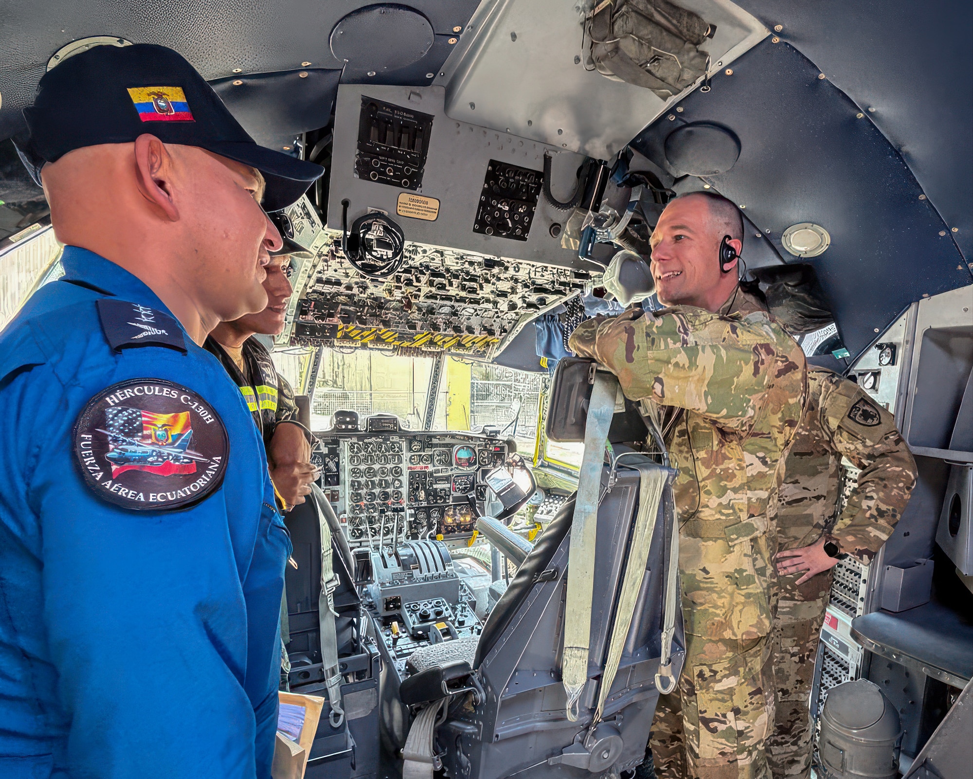 Lt. Col. Tim Ori, right, officer in charge of a 123rd Medical Group Critical Care Air Transport Team, meets with members of the Ecuadorian Air Force during a five-day information exchange in Ecuador. The Kentucky Air National Guard has been partnered with Ecuador since 1996 and helped stand up C-130 Hercules operations there when Ecuador acquired H-model aircraft in 2024. (Courtesy photo)