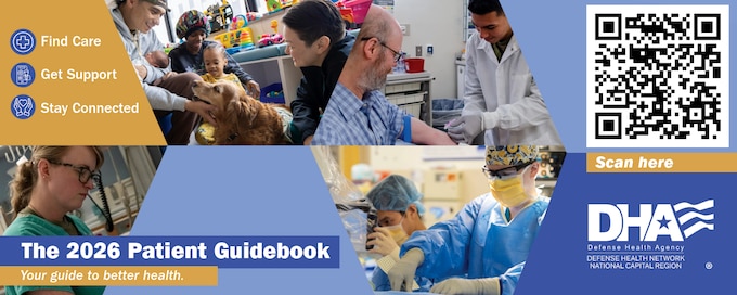 Promotional web banner for the Defense Health Network National Capital Region 2026 Patient Guidebook with QR code.