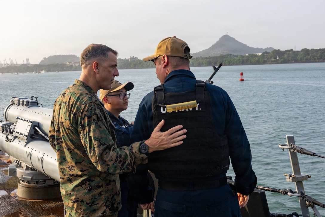 U.S. Marine Corps Gen. Francis L. Donovan, the commander of U.S. Southern Command, speaks to U.S. Sailors on the aft missile deck of Arleigh Burke-class guided-missile destroyer USS Gridley (DDG 101) as it travels from the Caribbean Sea to the Eastern Pacific through the Panama Canal, August 9, 2026. U.S. military forces are deployed to the U.S. Southern Command area of responsibility in support of Joint Task Force Western Hemisphere, Department of War-directed operations, and the President’s priorities to disrupt illicit drug trafficking, deter malign actors and protect the homeland through continuous presence. (U.S. Navy photo)