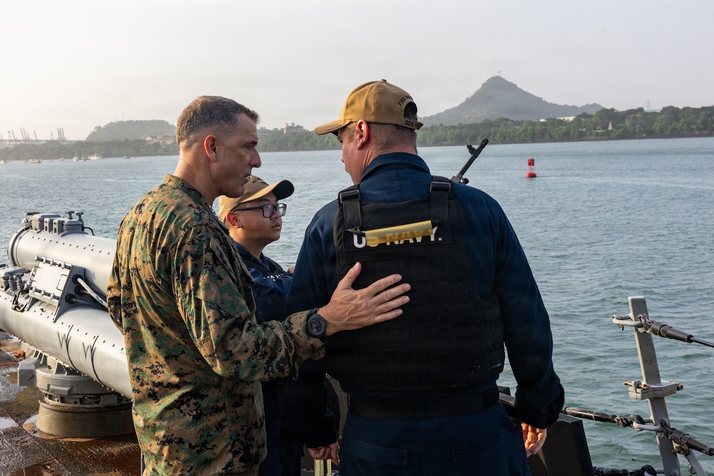 U.S. Marine Corps Gen. Francis L. Donovan, the commander of U.S. Southern Command, speaks to U.S. Sailors on the aft missile deck of Arleigh Burke-class guided-missile destroyer USS Gridley (DDG 101) as it travels from the Caribbean Sea to the Eastern Pacific through the Panama Canal, August 9, 2026. U.S. military forces are deployed to the U.S. Southern Command area of responsibility in support of Joint Task Force Western Hemisphere, Department of War-directed operations, and the President’s priorities to disrupt illicit drug trafficking, deter malign actors and protect the homeland through continuous presence. (U.S. Navy photo)