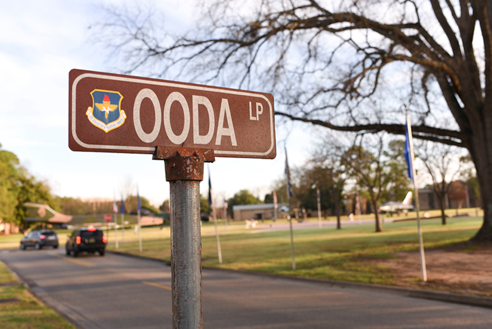 A street sign depicting OODA Loop sits on display February 3, 2020, at Maxwell Air Force Base, Alabama.