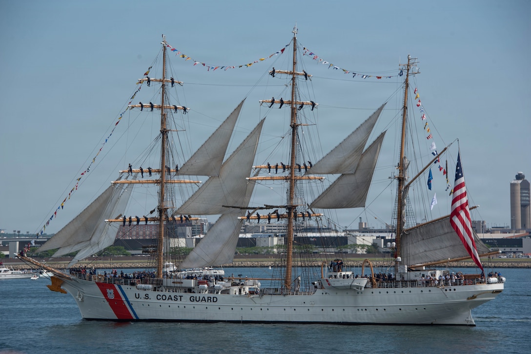 The U.S. Coast Guard Cutter Eagle transits Boston Harbor during the Sail 250 Parade of Sail in Boston, July 11, 2026. Known as America’s Tall Ship, Eagle participated in the international gathering honoring the nation’s maritime heritage and 250 years of American independence. (U.S. Coast Guard photo by Petty Officer 3rd Class Lyric Jackson)
