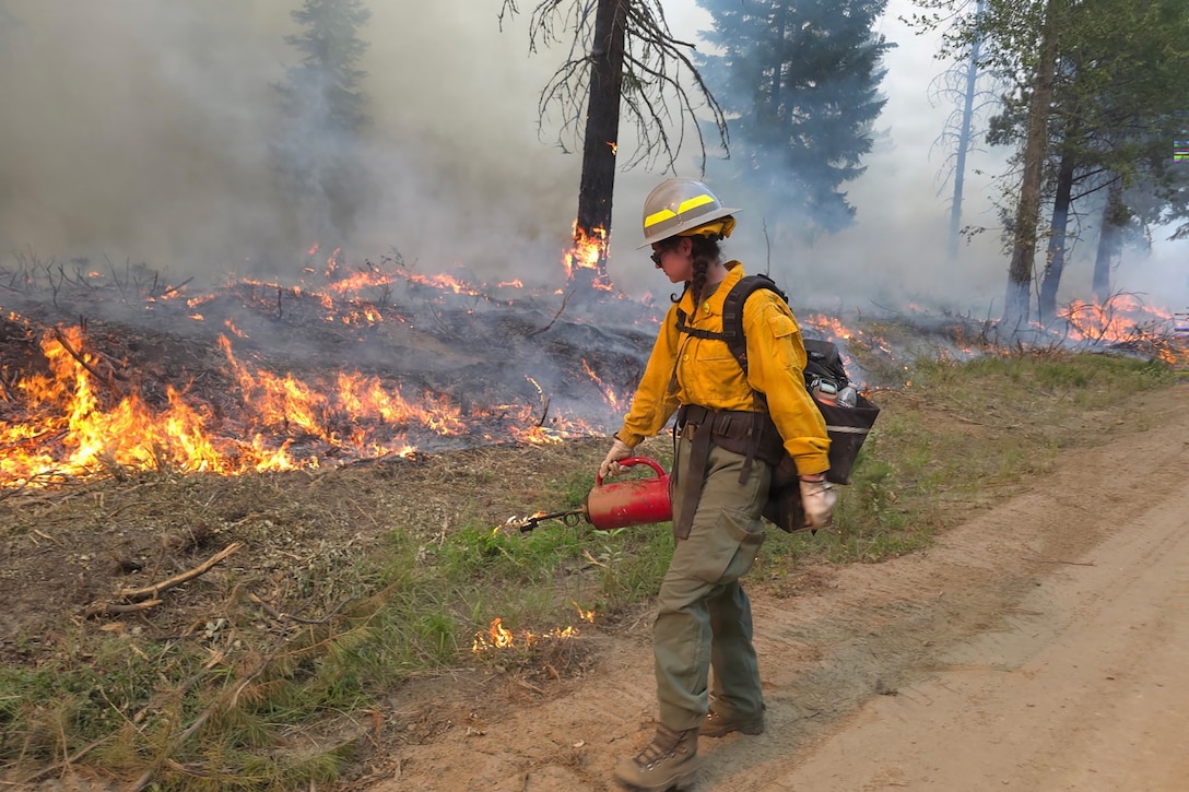 A person in Army green pants, a yellow shirt and a hard hat holds a red can with a nozzle over embers in grass as wood burns and smoke surrounds trees in the background.