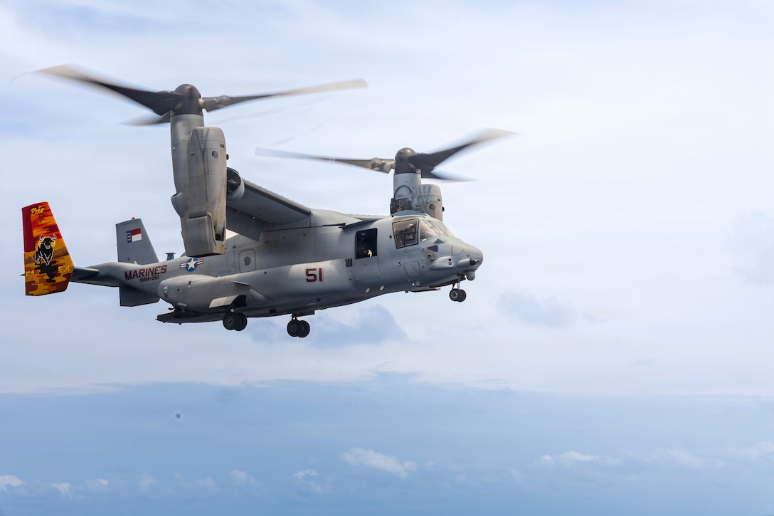 A U.S. Marine Corps MV-22B Osprey assigned to Marine Medium Tiltrotor Squadron (VMM) 261, Marine Aircraft Group 26, 2nd Marine Aircraft Wing, prepares to land on Wasp-class amphibious assault ship USS Kearsarge (LHD 3) during 26th Marine Expeditionary Unit’s Type Commanders Amphibious Training (TCAT), Atlantic Ocean, June 17, 2026. TCAT is a military exercise designed to enhance mobility and integration between the U.S. Marine Corps and the U.S. Navy. The amphibious force is an integrated powerhouse providing sea, land, and air operations, giving geographic combatant commanders a more flexible, agile force for aggregated or dis-aggregated operations across the globe. (U.S. Marine Corps photo by Cpl. Matthew Williams)