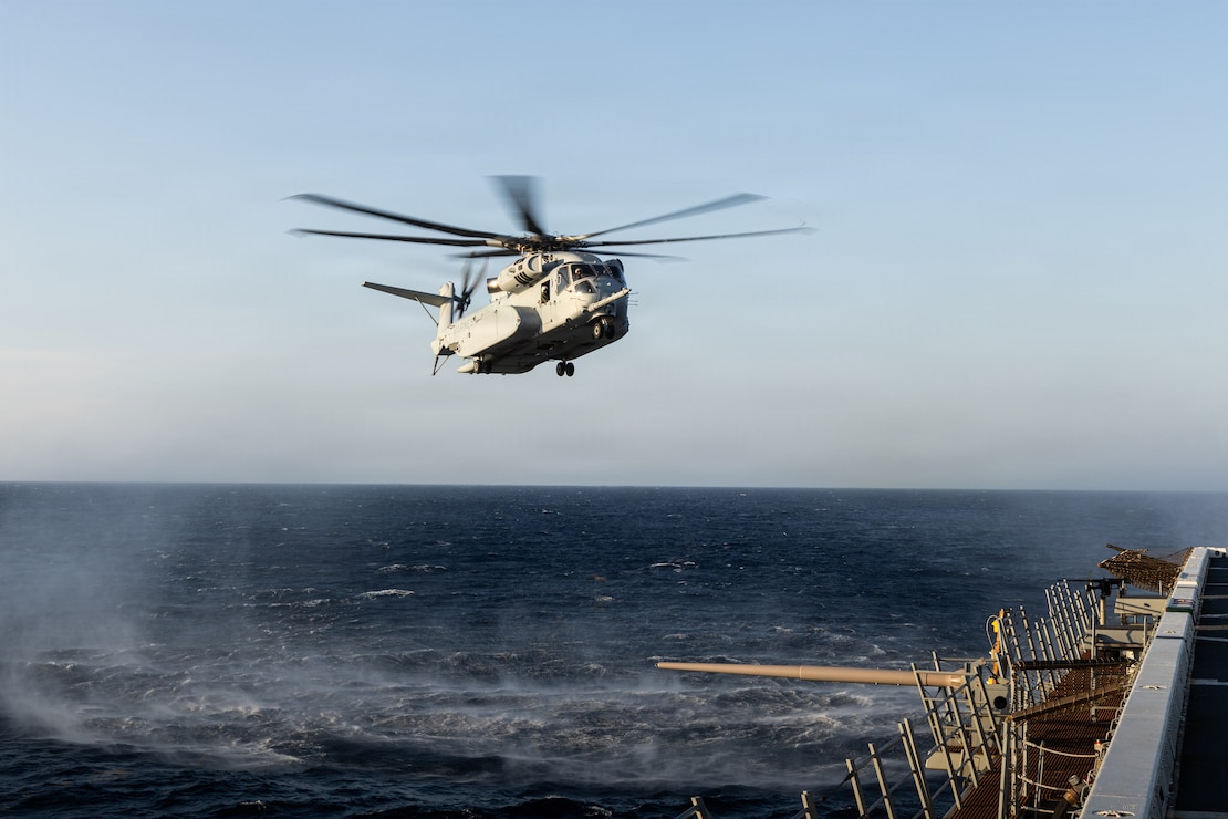 A U.S. Marine Corps CH-53K King Stallion with Marine Heavy Helicopter Squadron (HMH) 461 takes flight from the San Antonio-class amphibious transport dock ship USS Arlington (LPD 24) during the Type Commander’s Amphibious Training off the coast of North Carolina, June 11, 2026. TCAT is a military exercise designed to enhance mobility and integration between the U.S. Marine Corps and the U.S. Navy. The amphibious force is an integrated powerhouse providing sea, land, and air operations, giving geographic combatant commanders a more flexible, agile force for aggregated or dis-aggregated operations across the globe. (U.S. Marine Corps photo by Cpl. Osmar VasquezHernandez)