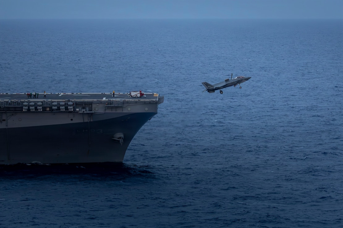 A U.S. Marine Corps F-35B Lightning II, assigned to Marine Fighter Attack Squadron (VMFA) 542, 2nd Marine Aircraft Wing, takes off from Wasp-class amphibious assault ship USS Kearsarge (LHD 3) during 26th Marine Expeditionary Unit’s Type Commander’s Amphibious Training (TCAT), off the coast of North Carolina, June 13, 2026. TCAT is a military exercise designed to enhance mobility and integration between the U.S. Marine Corps and the U.S. Navy. The amphibious force is an integrated powerhouse providing sea, land, and air operations, giving geographic combatant commanders a more flexible, agile force for aggregated or dis-aggregated operations across the globe. (U.S. Marine Corps photo by Cpl. Matthew Williams)