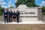 Left to right: Scott Bessent, treasury secretary; Secretary of War Pete Hegseth; Sen. Darline Graham of South Carolina; and South Carolina Gov. Henry McMaster pose for a photo following a ceremony to rename Joint Base Charleston, S.C., as Joint Base Lindsey Graham, Aug. 10, 2026.