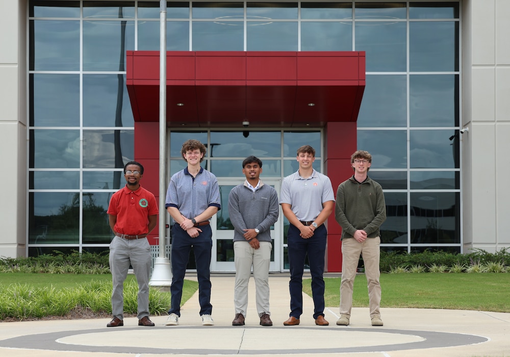 Left to right: Ian Anzigare, University of Alabama in Huntsville civil engineering student, Christian Jarrett, Auburn University mechanical engineering student, Kevin Peet, University of Alabama mechanical engineering student, Caden Bailes, Auburn University electrical engineering student, and Wyatt Donaldson, Auburn University civil engineering student.