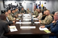 U.S. Army Financial Management Command senior leaders and directors listen alongside a delegation from the Republic of Korea Army as Gennaro Penn, USAFMCOM Military Pay Operations director, speaks at the Maj. Gen. Emmett J. Bean Federal Center in Indianapolis July 9, 2026. The ROKA finance officers visited USAFMCOM after a trip to the Office of the Assistant Secretary of the Army for Financial Management and Comptroller at the Pentagon and before heading to the U.S. Army Finance and Comptroller School at Fort Jackson, S.C., where they learned about the structure and operations of the U.S. Army Finance Corps. (U.S. Army photo by Mark R. W. Orders-Woempner)