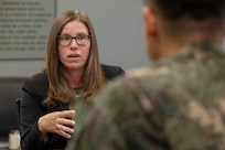 U.S. Army Amanda McCoy, U.S. Army Financial Management Command Army Accounting and Audit Operations interim director, left, answers questions about U.S. Army accounting operations for Republic of Korea Army finance officers at the Maj. Gen. Emmett J. Bean Federal Center in Indianapolis July 9, 2026. The ROKA finance officers visited USAFMCOM after a trip to the Office of the Assistant Secretary of the Army for Financial Management and Comptroller at the Pentagon and before heading to the U.S. Army Finance and Comptroller School at Fort Jackson, S.C., where they learned about the structure and operations of the U.S. Army Finance Corps. (U.S. Army photo by Mark R. W. Orders-Woempner)