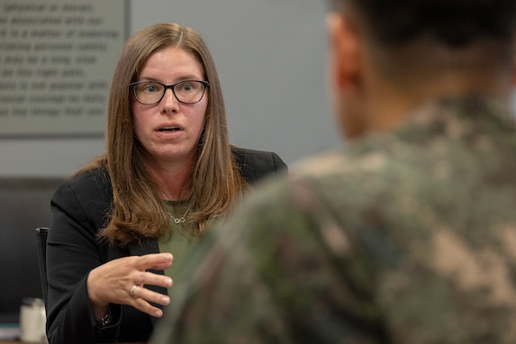 U.S. Army Amanda McCoy, U.S. Army Financial Management Command Army Accounting and Audit Operations interim director, left, answers questions about U.S. Army accounting operations for Republic of Korea Army finance officers at the Maj. Gen. Emmett J. Bean Federal Center in Indianapolis July 9, 2026. The ROKA finance officers visited USAFMCOM after a trip to the Office of the Assistant Secretary of the Army for Financial Management and Comptroller at the Pentagon and before heading to the U.S. Army Finance and Comptroller School at Fort Jackson, S.C., where they learned about the structure and operations of the U.S. Army Finance Corps. (U.S. Army photo by Mark R. W. Orders-Woempner)