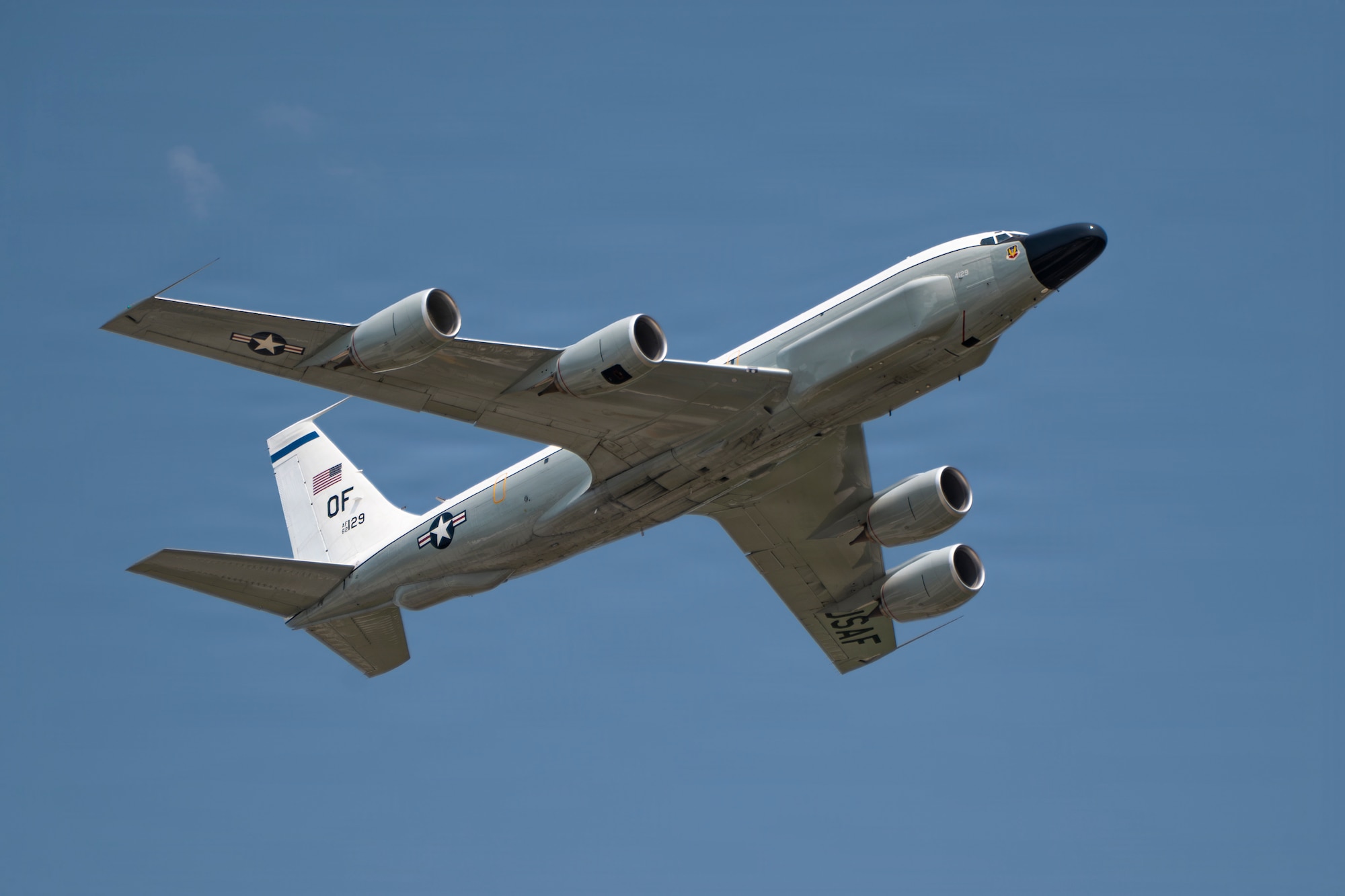 A TC-135 training aircraft performs a flyover during the 2026 Defenders of Freedom Air & Space Show at Offutt Air Force Base, Nebraska, Aug. 8, 2026. Defenders of Freedom Air & Space Show 2026 was designed to educate the public on the strategic importance of Offutt AFB and the many worldwide missions it supports, providing a firsthand look at the advanced aircraft and highly trained personnel required to execute operations globally. (U.S. Air Force photo by Senior Airman Matthew Arachikavitz)