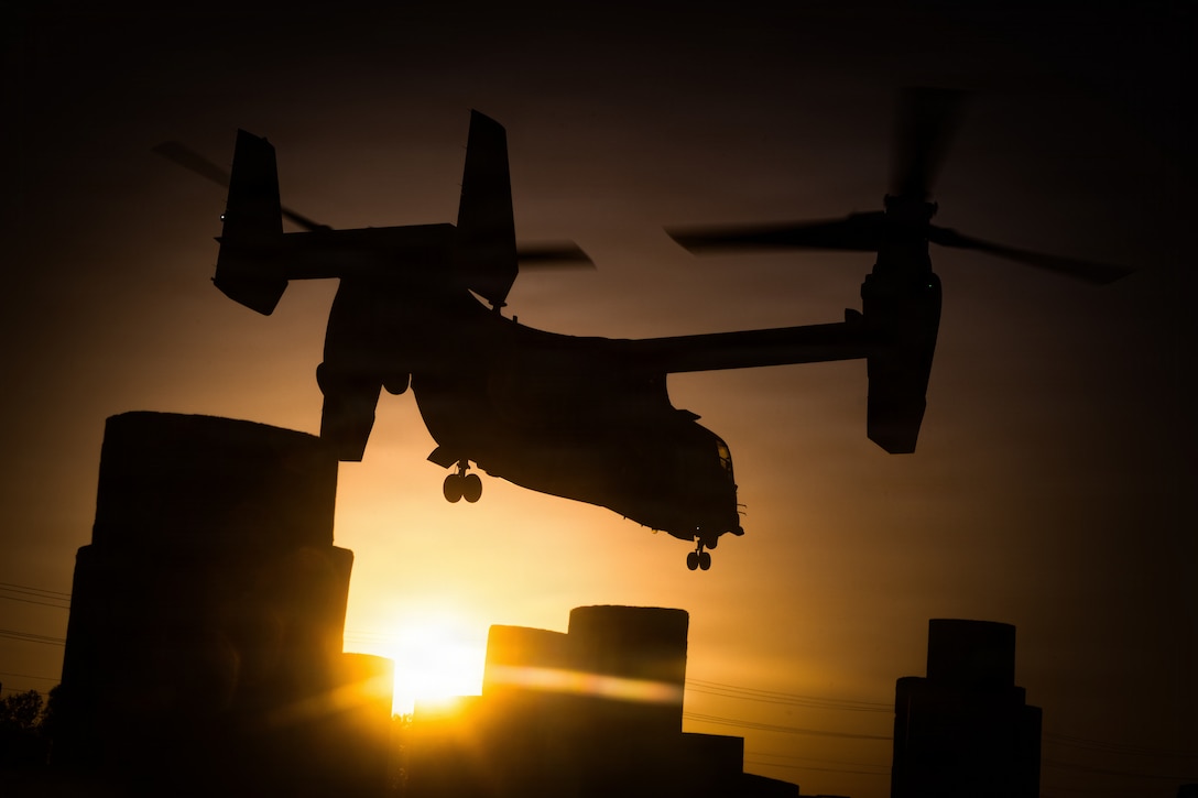 A U.S. Marine Corps MV-22B Osprey assigned to Marine Aviation Weapons and Tactics Squadron One (MAWTS-1) departs from a landing zone during Assault Support Tactics 3 as part of Weapons and Tactics Instructor Course 2-26 at Twentynine Palms, California, April 17, 2026. WTI is a seven-week training event hosted by Marine Aviation Weapons and Tactics Squadron One which emphasizes operational integration of the seven functions of Marine aviation in support of the Marine Air Ground Task Force, Joint and Coalition Forces. (U.S Marine Corps photo by Lance Cpl. Fabian Ortiz)