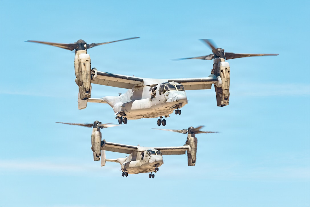 U.S. Marine Corps MV-22B Ospreys assigned to Marine Aviation Weapons and Tactics Squadron One (MAWTS-1) land on a landing zone during a final exercise as part of Weapons and Tactics Instructor Course 2-26 at Auxiliary Airfield II, Yuma, Arizona, April 24, 2026. WTI is a seven-week training event hosted by MAWTS-1 which emphasizes operational integration of the seven functions of Marine aviation in support of the Marine Air Ground Task Force, Joint and Coalition Forces. (U.S Marine Corps photo by Lance Cpl. Fabian Ortiz)