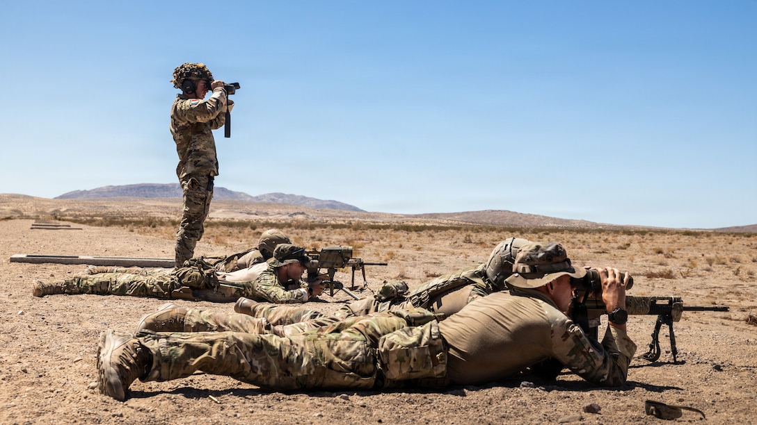 French Marines with 21st Marine Infantry Regiment, conduct a precision fire range during Service Level Training Exercise 4-26 at Range 113, Marine Corps Air Ground Combat Center, Twentynine Palms, California, July 30, 2026. SLTE is a premier training event that ensures the Marine Corps remains a highly lethal, adaptable force capable of dominating the future multi-domain fight. (U.S. Marine Corps photo by Lance Cpl. DePaul)