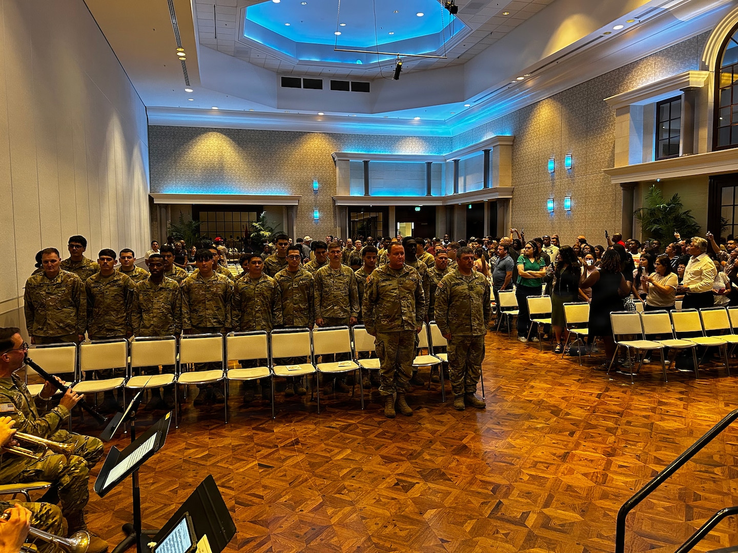 Soldiers from the 230th Brigade Support Battalion, Augmentation Company stand at attention during their mobilization ceremony in Greensboro, North Carolina, Aug. 7, 2026.