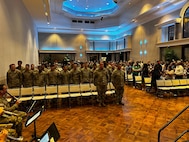 Soldiers from the 230th Brigade Support Battalion, Augmentation Company stand at attention during their mobilization ceremony in Greensboro, North Carolina, Aug. 7, 2026.