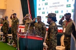 Members of the North Carolina National Guard and Botswana Defense Force render salutes during the playing of the U.S. and Botswana national anthems during an opening ceremony for Exercise Southern Accord 2026 at Gaborone Technical College in Gaborone, Botswana, August 10, 2026.