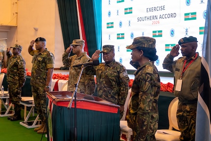 Members of the North Carolina National Guard and Botswana Defense Force render salutes during the playing of the U.S. and Botswana national anthems during an opening ceremony for Exercise Southern Accord 2026 at Gaborone Technical College in Gaborone, Botswana, August 10, 2026.