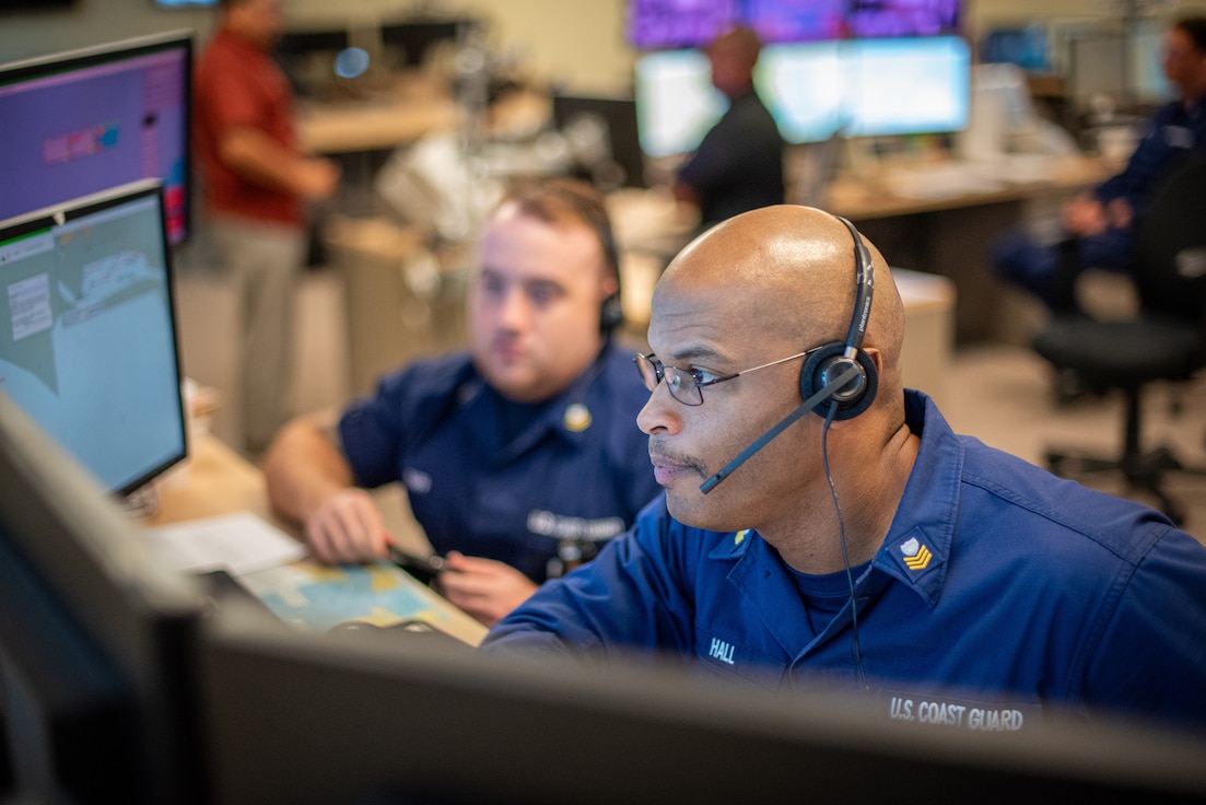 Coast Guard Petty Officer 1st Class Landon Hall, an operations specialist assigned to Vessel Traffic Service Houston, monitors Houston Ship Channel traffic from Sector Houston-Galveston in Houston, Texas, Oct. 24, 2023. VTS Houston watchstanders issue advisories, organize traffic, and provide navigational assistance for vessels transiting the Houston-Galveston area. (U.S. Coast Guard photo by Petty Officer 1st Class Corinne Zilnicki)