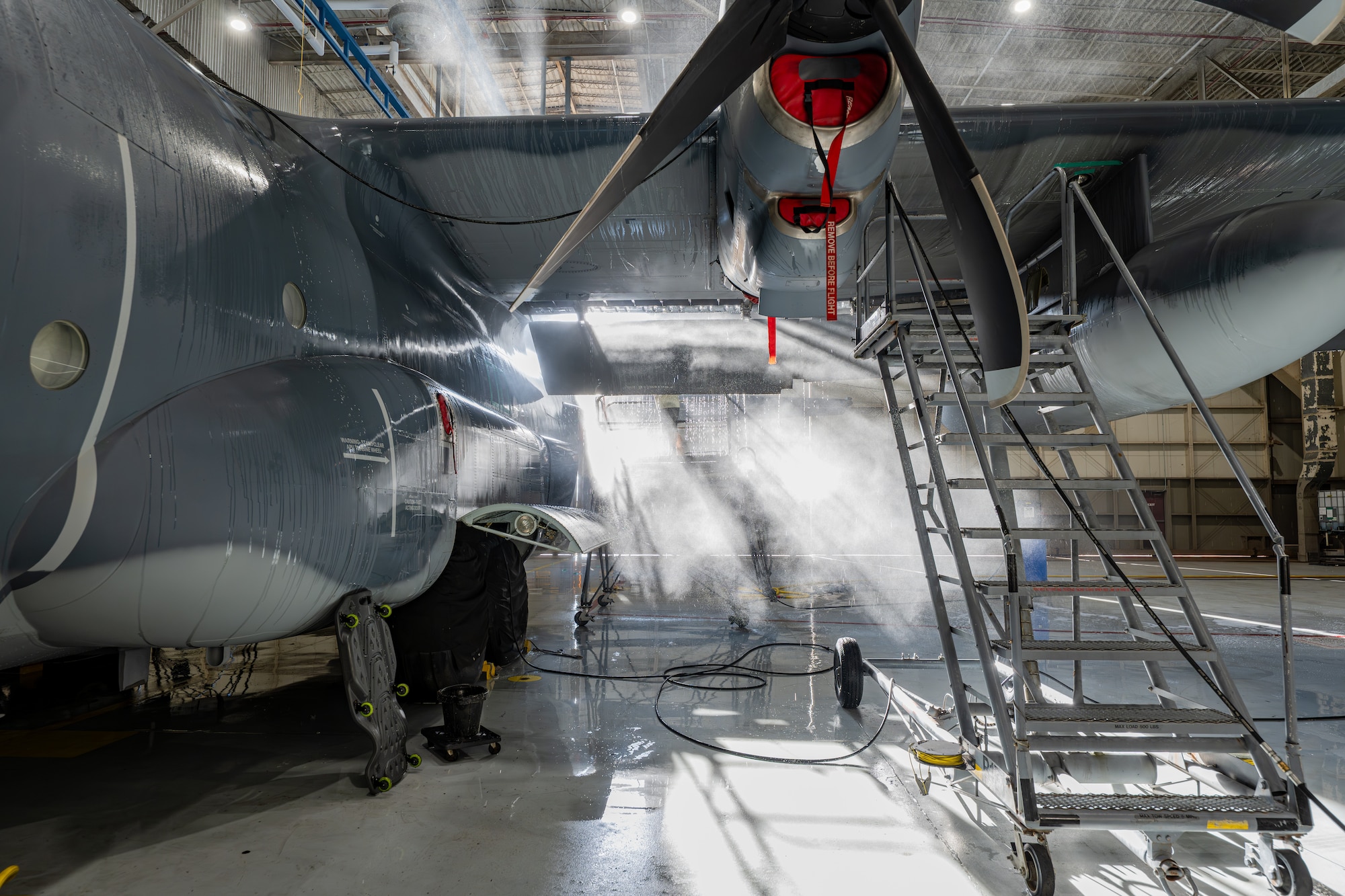 An MC-130J Commando II assigned to the 1st Special Operations Wing is washed at Hurlburt Field, Florida, July 2, 2026.