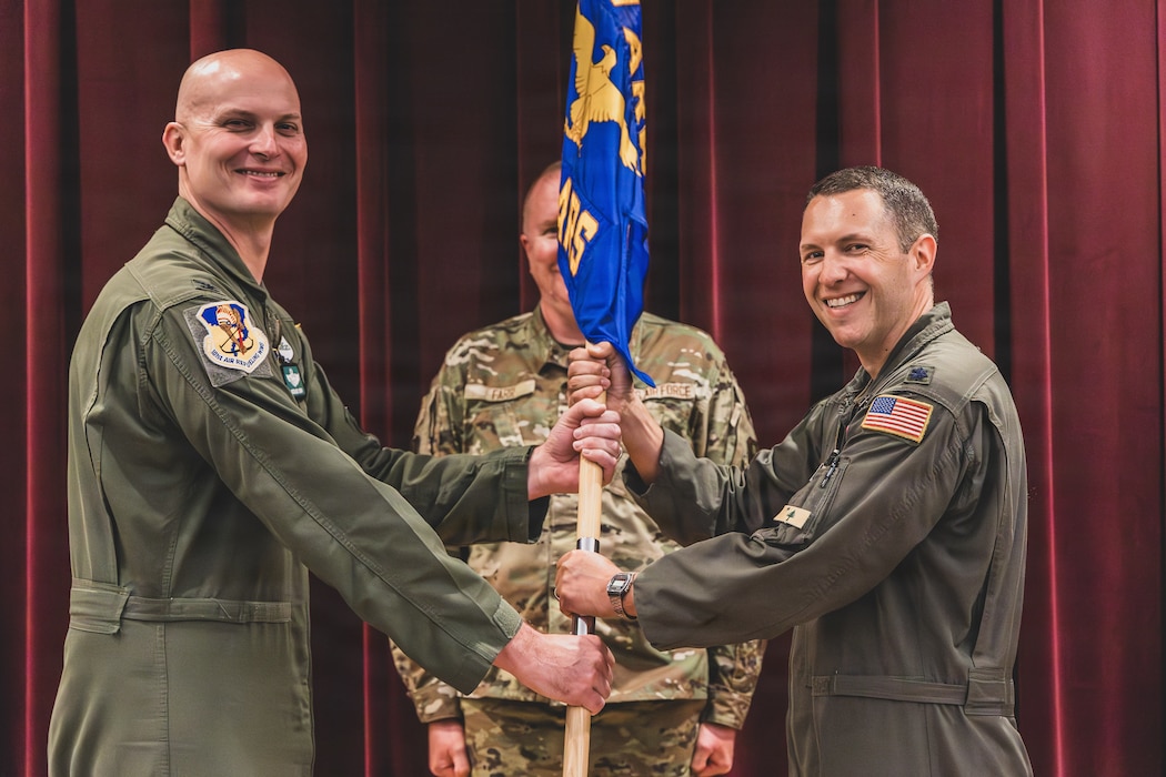 Col. Richard King assigns Lt. Col. Paul Harriman his new role as the 132nd Air Refueling Squadron Commander during a Change of Command ceremony at Bangor Air National Guard Base, Maine, August 7th, 2026.