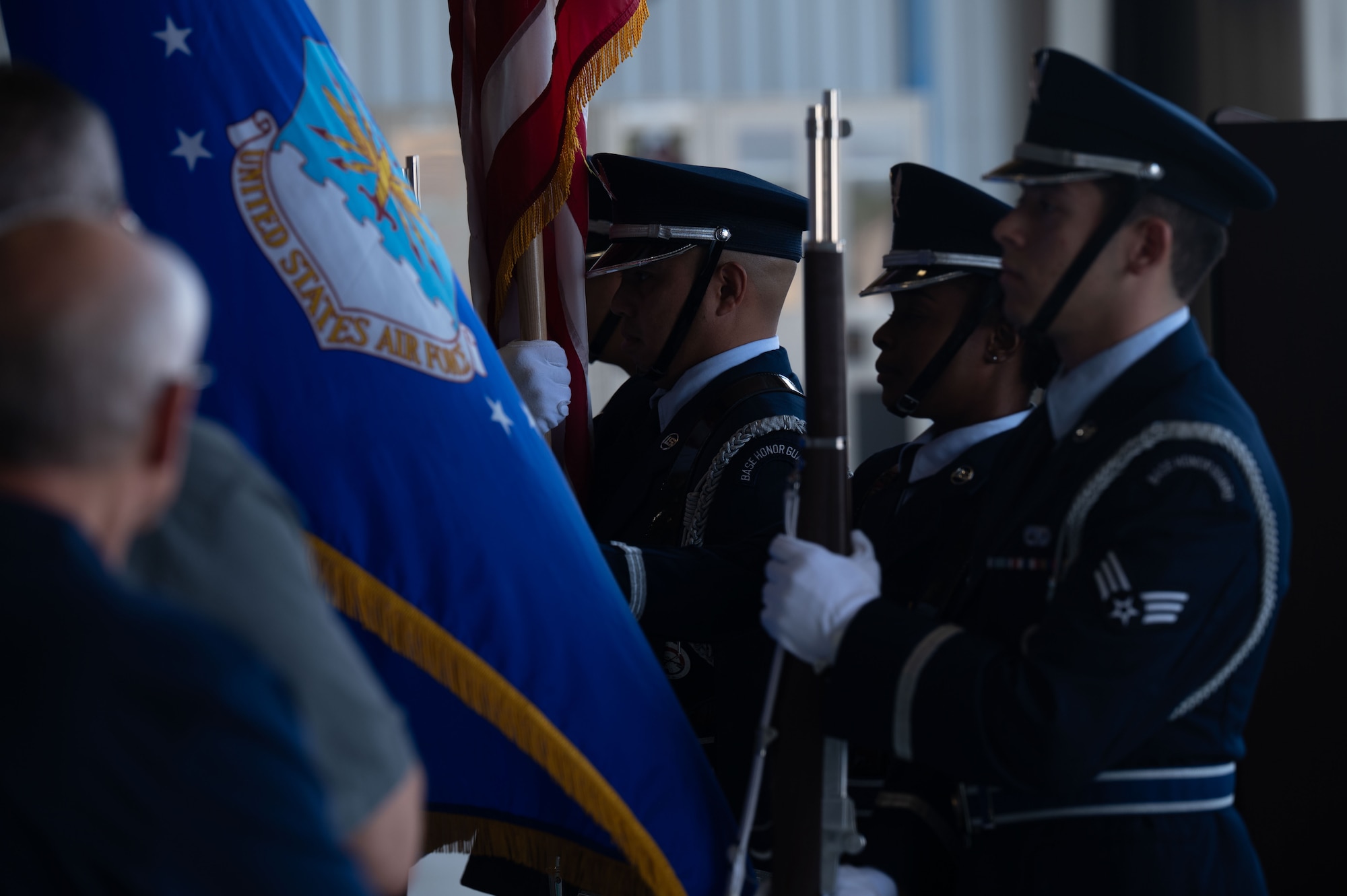 U.S. Air Force honor guardsmen present the colors during the 55th Rescue Generation Squadron inactivation ceremony at Davis-Monthan Air Force Base, Arizona, Aug. 10, 2026. The 55th RGS generated and sustained safe, rescue-ready airpower to save lives and critical assets anywhere, anytime. (U.S. Air Force photo by Airman 1st Class Jaden Kidd)