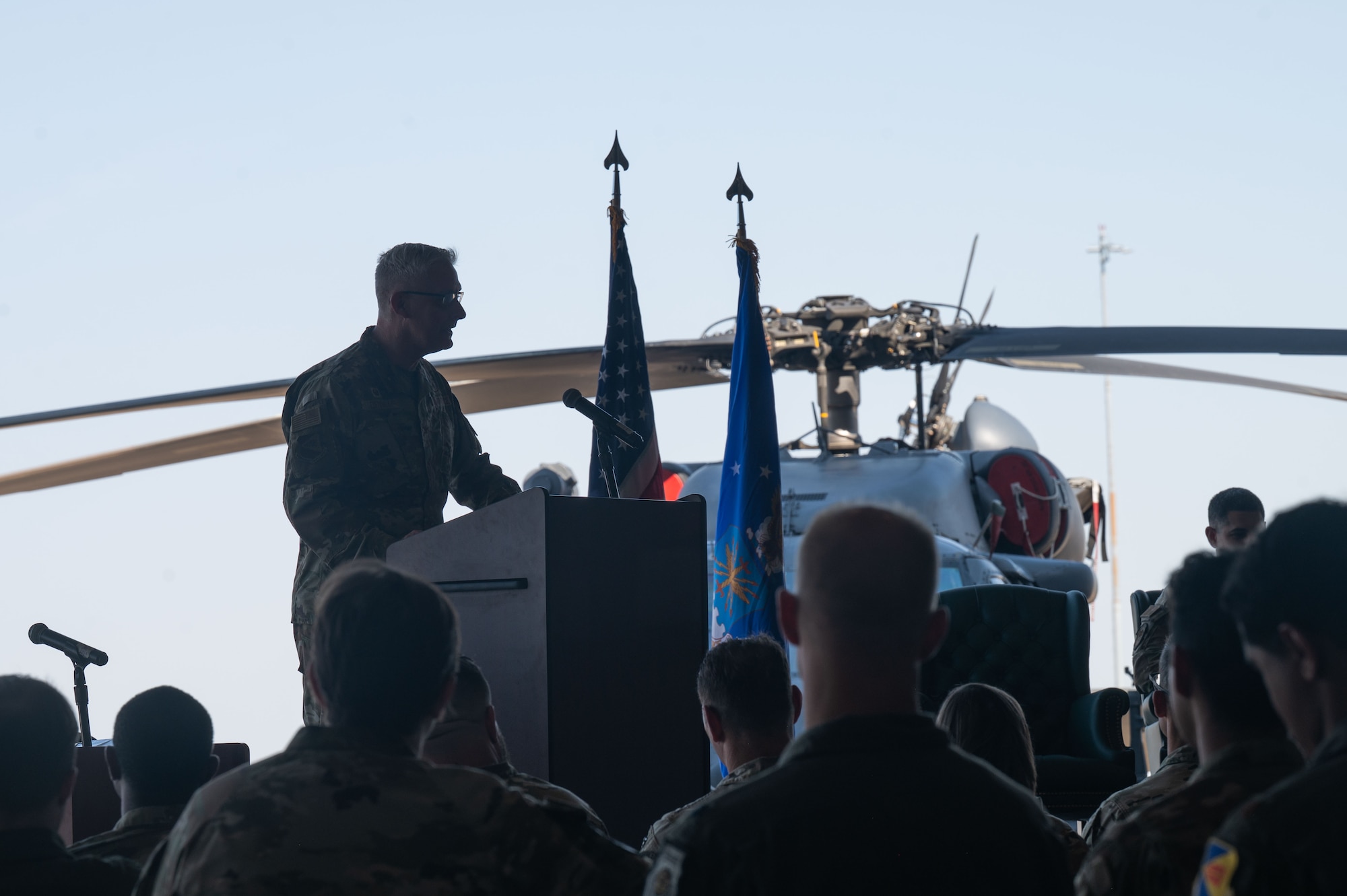 U.S. Air Force Col. Duane Denney, 355th Maintenance Group commander, speaks on the legacy of the 55th Rescue Generation Squadron during its inactivation ceremony at Davis-Monthan Air Force Base, Arizona, Aug. 10, 2026. The 55th RGS supported missions including civil search and rescue, disaster relief, international aid, emergency medical evacuation and counterdrug activities. (U.S. Air Force photo by Airman 1st Class Jaden Kidd)