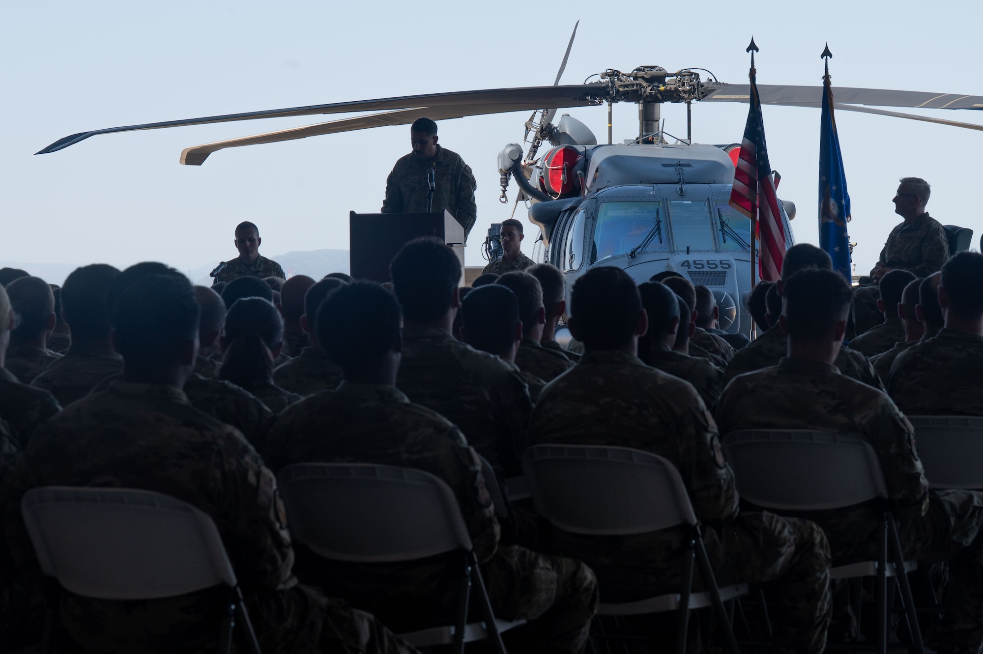 U.S. Air Force Maj. Daniel Incorvaia, 55th Rescue Generation Squadron commander, gives remarks during the 55th RGS inactivation ceremony at Davis-Monthan Air Force Base, Arizona, Aug. 10, 2026. The 55th RGS generated and sustained safe, rescue-ready airpower to save lives and critical assets anywhere, anytime. (U.S. Air Force photo by Airman 1st Class Jaden Kidd)