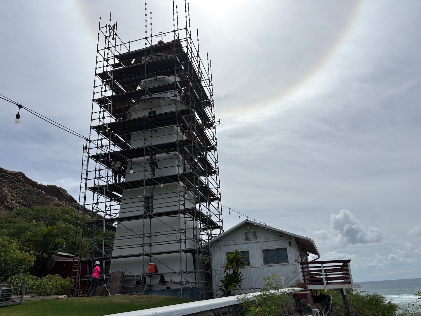 Scaffolding is being installed to facilitate maintenance and repairs at historic Diamond Head Lighthouse, Honolulu, Aug. 3, 2026. The 55-foot tower of the current Diamond Head Lighthouse was constructed in 1917. (U.S. Coast Guard photo, courtesy of Coast Guard Civil Engineering Unit Honolulu)