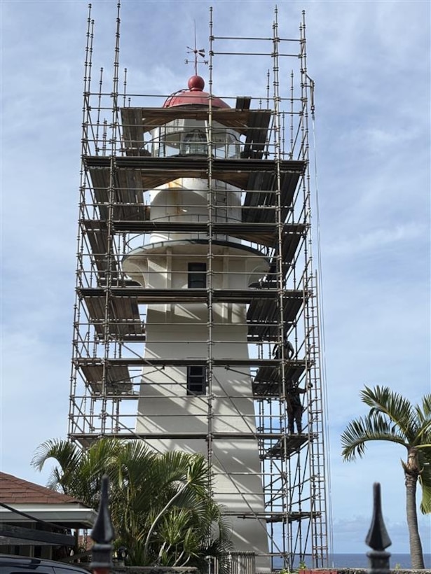 Scaffolding is being installed to facilitate maintenance and repairs at historic Diamond Head Lighthouse, Honolulu, Aug. 3, 2026. The 55-foot tower of the current Diamond Head Lighthouse was constructed in 1917. (U.S. Coast Guard photo, courtesy of Coast Guard Civil Engineering Unit Honolulu)