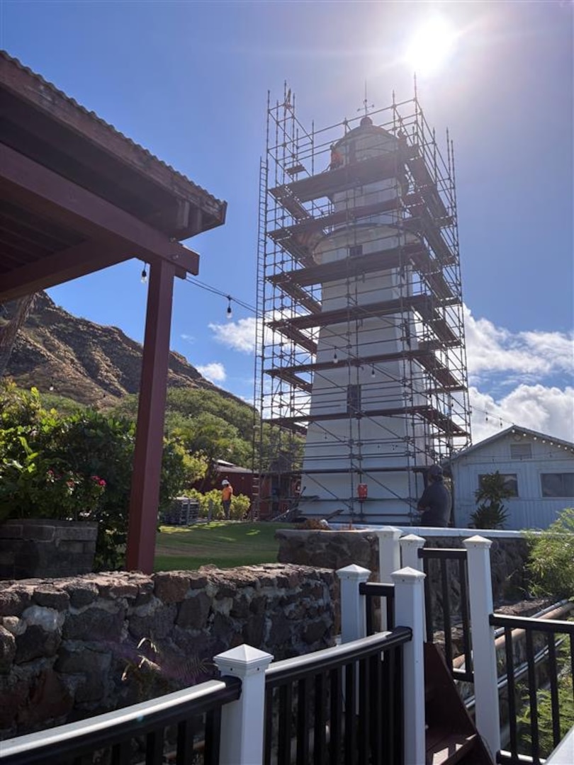Scaffolding is being installed to facilitate maintenance and repairs at historic Diamond Head Lighthouse, Honolulu, Aug. 3, 2026. The 55-foot tower of the current Diamond Head Lighthouse was constructed in 1917. (U.S. Coast Guard photo, courtesy of Coast Guard Civil Engineering Unit Honolulu)
