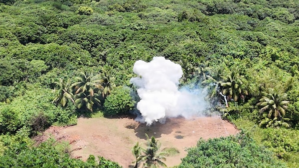 A World War II-era white phosphorus munition detonated by U.S. Soldiers assigned to the 74th Explosive Ordnance Disposal Company (EOD), 303rd EOD Battalion, 8th Military Police Brigade, 8th Theater Sustainment Command, in Koror, Palau, Aug. 2, 2026.