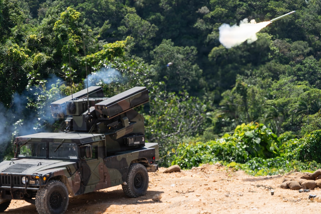 An AN/TWQ-1 Avenger Air Defense System of 35th Air Defense Artillery Brigade engages a target during Tenacious Archer 2026 in Airai, Palau, July 31, 2026.