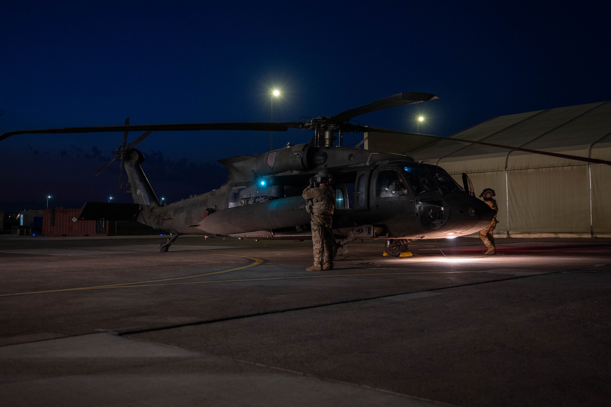 U.S. Army soldiers assigned to Alpha Company, 3rd Assault Helicopter Battalion, 1st Aviation Combat Brigade conduct pre-flight checks on a UH-60 Black Hawk before routine night flight operations at Incirlik Air Base, Türkiye, July 31, 2026. Routine flight operations keep U.S. forces combat ready and support the 39th Air Base Wing’s role in enabling U.S. and NATO contingency operations.