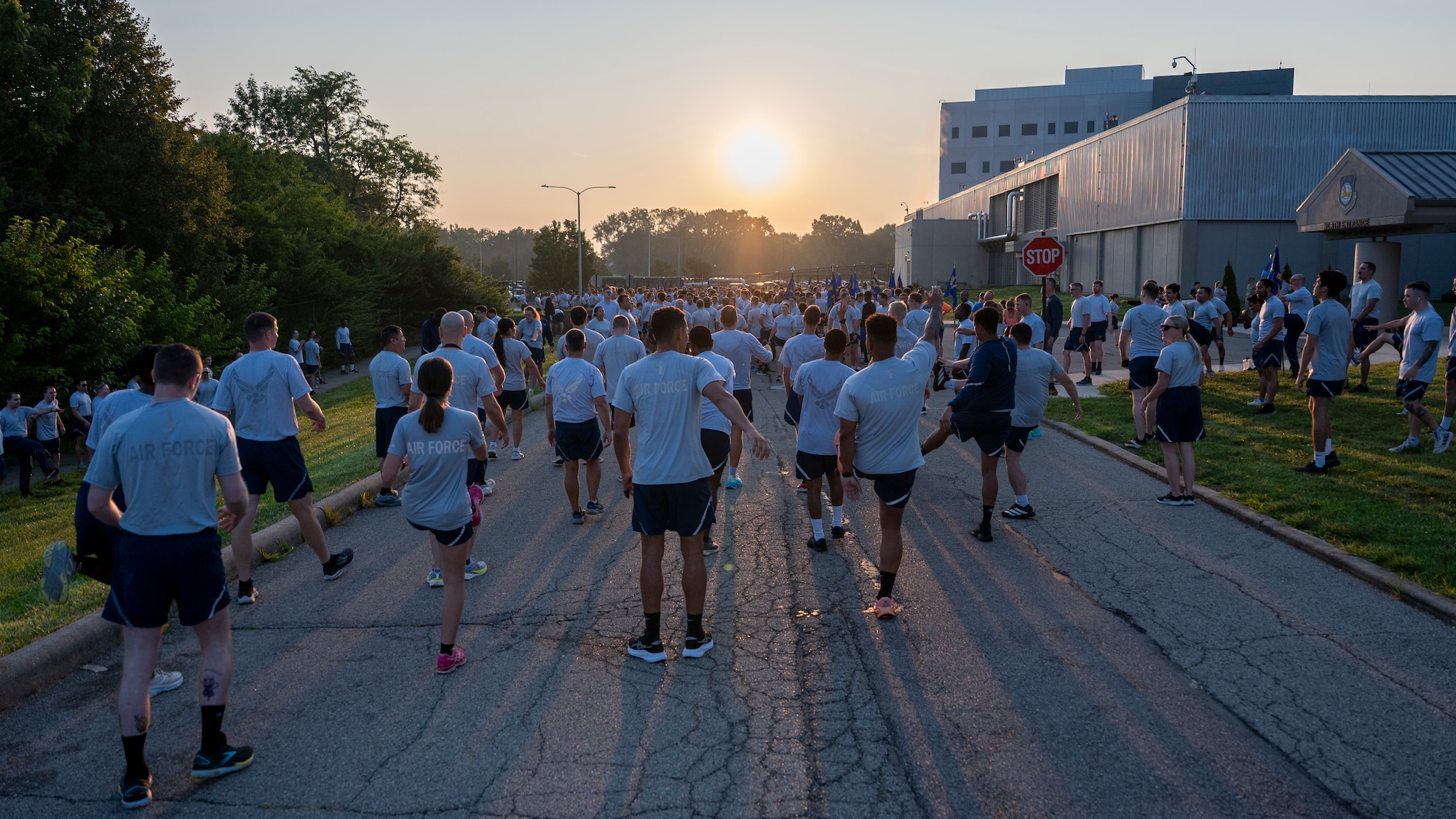 National Air and Space Intelligence Center Airmen warm up before the NASIC run.