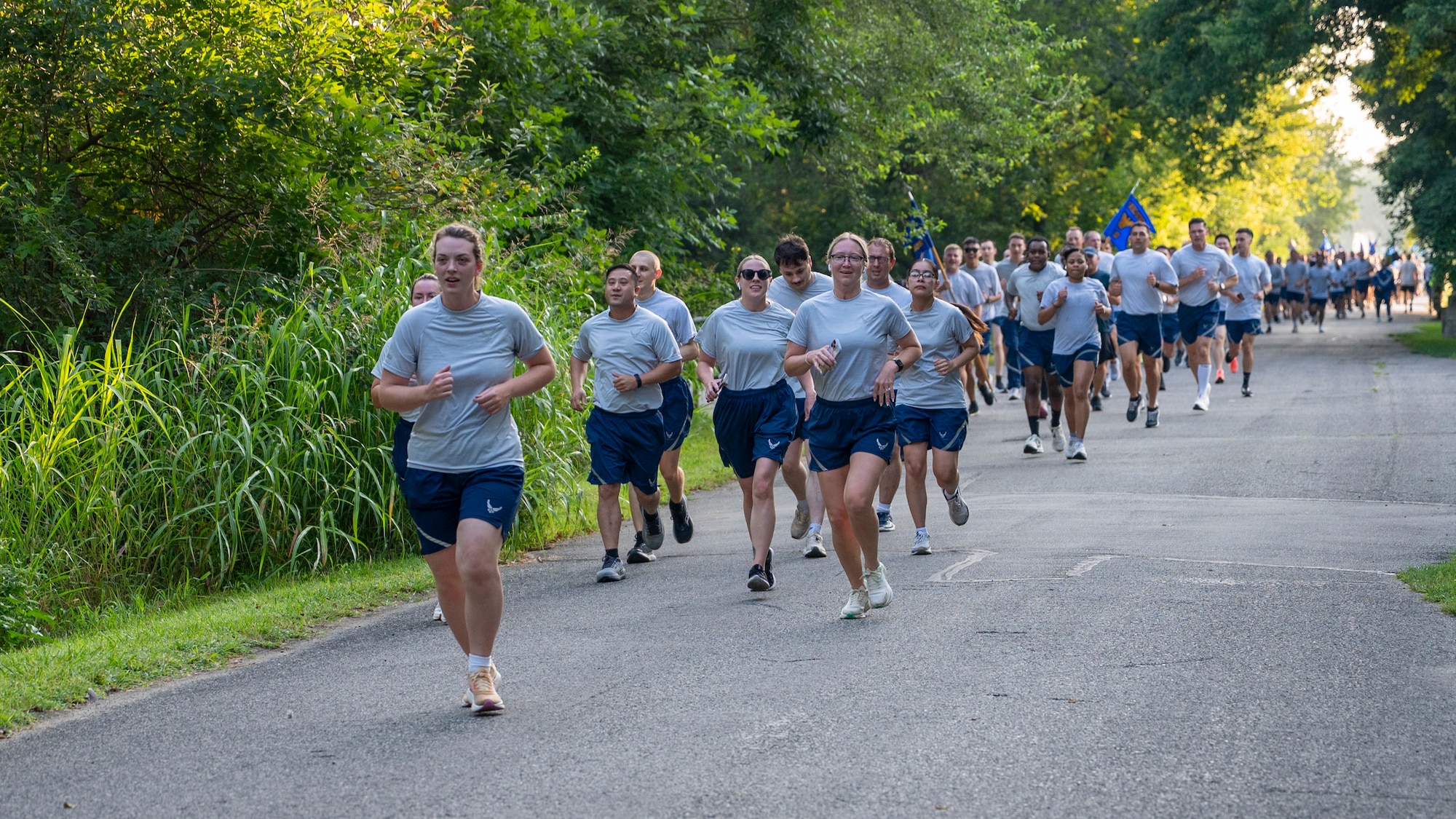 Airmen from the National Air and Space Intelligence Center move in stride during the NASIC run.
