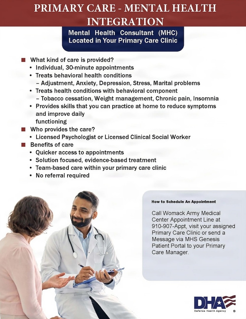 Womack Army Medical Center transitions to the Defense Health Agency’s Primary Care-Mental Health Integration (PC-MHI) program, embedding mental health professionals directly into primary care clinics to deliver seamless, team-based care for Fort Bragg service members and their families.