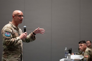 Chief Master Sergeant of the Space Force John F. Bentivegna discusses with Guardians the importance of professional development and the evolving landscape of the Space Force at the Air Force Sergeant’s Association Conference in Orlando, Fla., Aug. 8, 2026.
