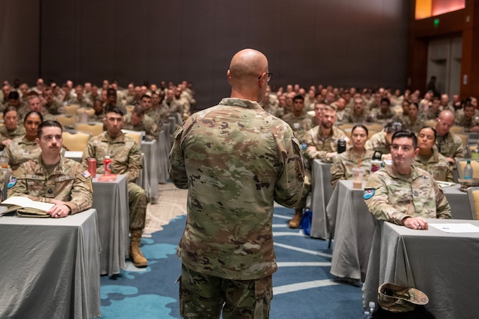 Chief Master Sergeant of the Space Force John F. Bentivegna discusses with Guardians the importance of professional development and the evolving landscape of the Space Force at the Air Force Sergeant’s Association Conference in Orlando, Fla., Aug. 9, 2026.