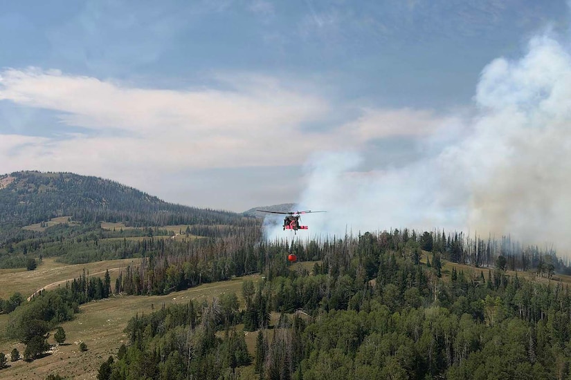 A helicopter flies over a canyon forest as smoke fills the air.