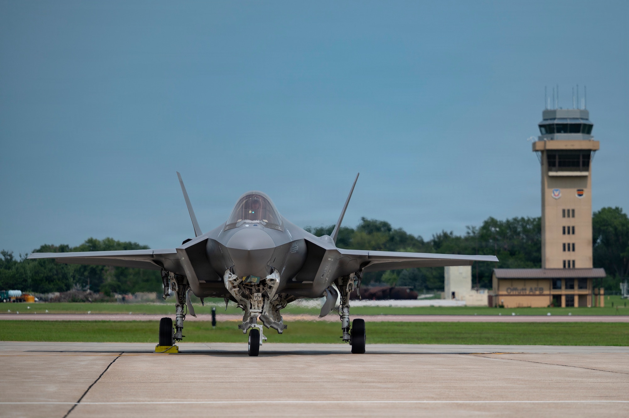 U.S. Air Force Maj. Sean “RAMBO” Loughlin, F-35A Demonstration Team commander and pilot, performs preflight inspections on the runway during the 2026 Defenders of Freedom Air & Space Show at Offutt Air Force Base, Nebraska, Aug. 9, 2026. DoF 2026 served as a free, public open house to foster strong community relations and express appreciation to the local Greater Omaha community. (U.S. Air Force photo by Senior Airman Matthew Arachikavitz)