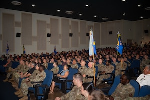 Airmen assigned to the 17th Training Wing attend the 17th TRW second-quarter awards ceremony at Goodfellow Air Force Base, Texas, Aug. 7, 2026. The ceremony was held to recognize all Airmen, civilians and teams whose outstanding performance set the standard across the wing. (U.S. Air Force photo by Senior Airman Brian Lummus)