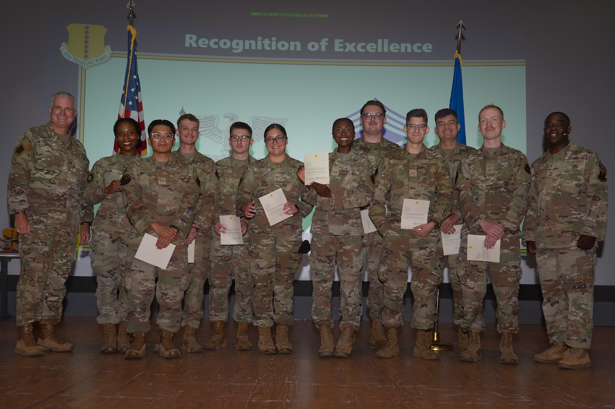 Members from Goodfellow Air Force Base Honor Guard pose for a group photo with U.S. Air Force Col. Matthew Norton, 17th Training Wing commander, and Chief Master Sgt. Martez Blair, 17th Security Forces senior enlisted leader, during the 17th Training Wing second-quarter awards ceremony at Goodfellow Air Force Base, Texas, Aug. 7, 2026. The members were presented with Letters of Appreciation for their excellent ceremonial service at funerals, retirements, change of command ceremonies, promotions, flag-folding demonstrations and other formal ceremonies. (U.S. Air Force photo by Senior Airman Brian Lummus)
