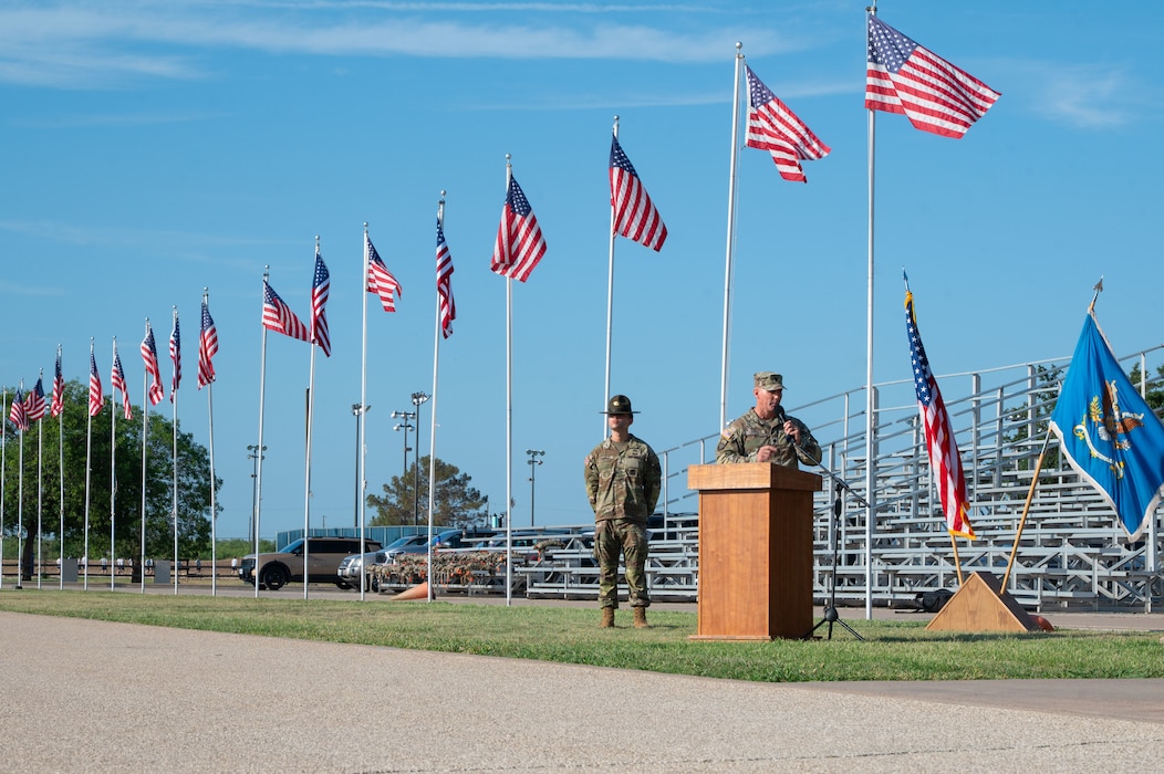 U.S. Army Lt. Col. Jonathan Lovelace, 344th Military Intelligence Battalion commander, speaks during Bravo Company's change of command ceremony at Goodfellow Air Force Base, Texas, Aug. 7, 2026.