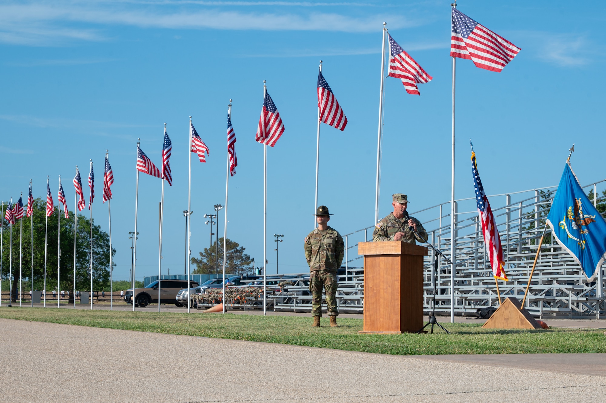 U.S. Army Lt. Col. Jonathan Lovelace, 344th Military Intelligence Battalion commander, speaks during Bravo Company's change of command ceremony at Goodfellow Air Force Base, Texas, Aug. 7, 2026.