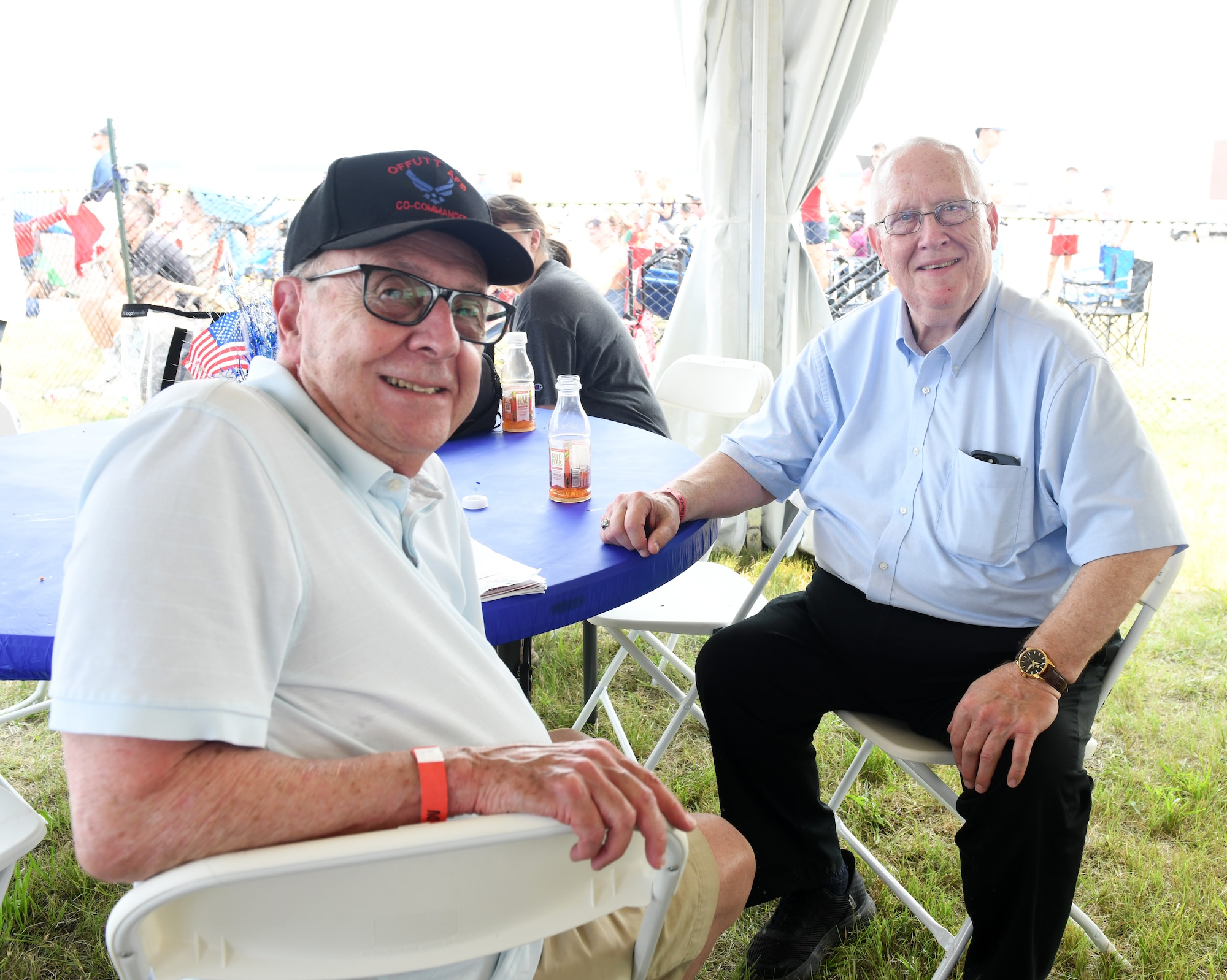 Brig. Gen. (Ret) Paul Cohen and Paul Lambert, mayor of Plattsmouth, Nebraska, attend the Defenders of Freedom Air and Space Show 2026 at Offutt Air Force Base, Nebraska, Aug. 9, 2026. The air show served as a free, public open house to foster strong community relations and express appreciation to the local Greater Omaha community. (U.S. Air Force photo by Charles J. Haymond)