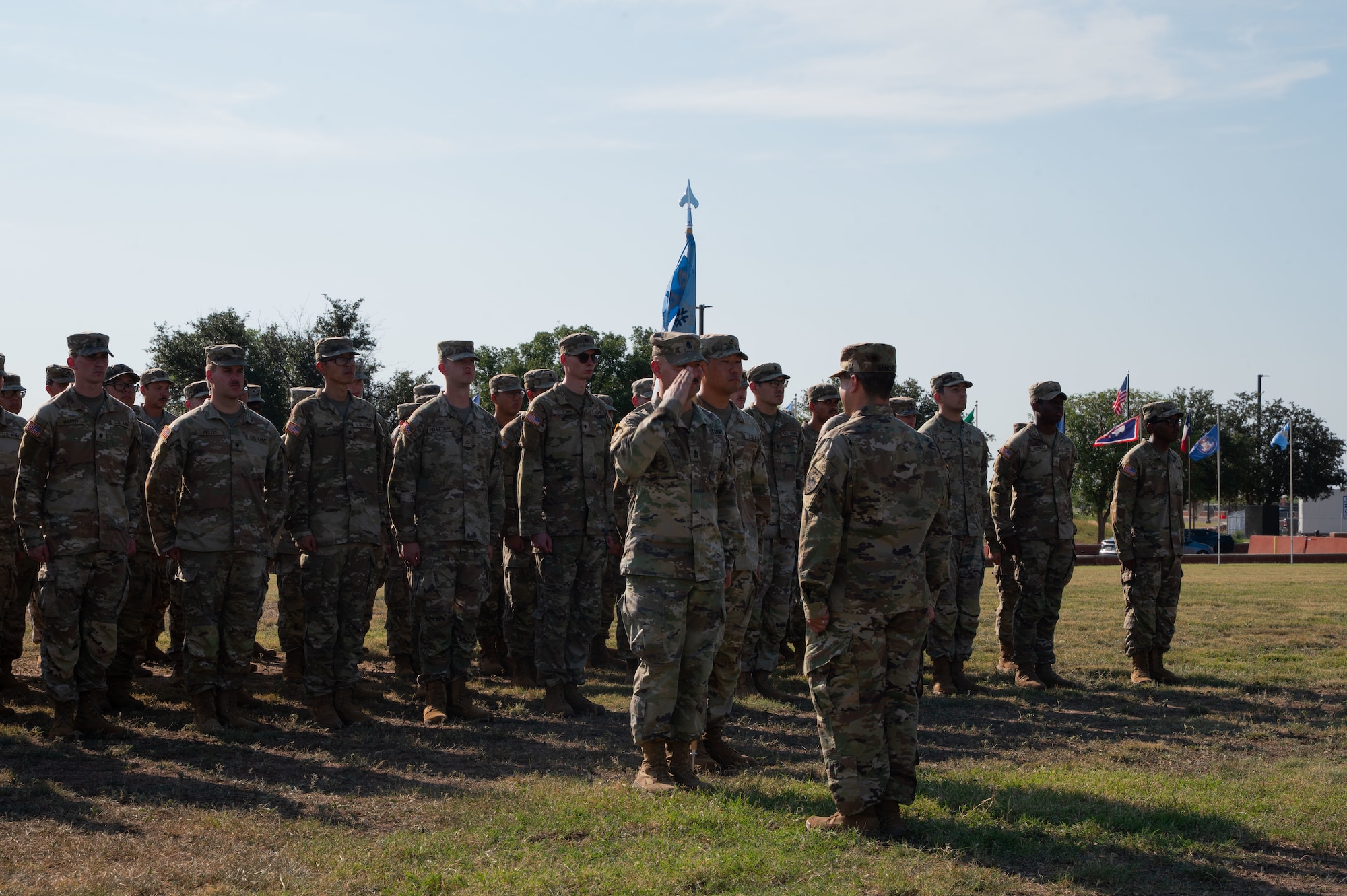 U.S. Army Soldiers welcome Capt. Andres Sanchez, Bravo Company, 344th Military Intelligence Battalion commander, during a change of command ceremony at Goodfellow Air Force Base, Texas, Aug. 7, 2026.