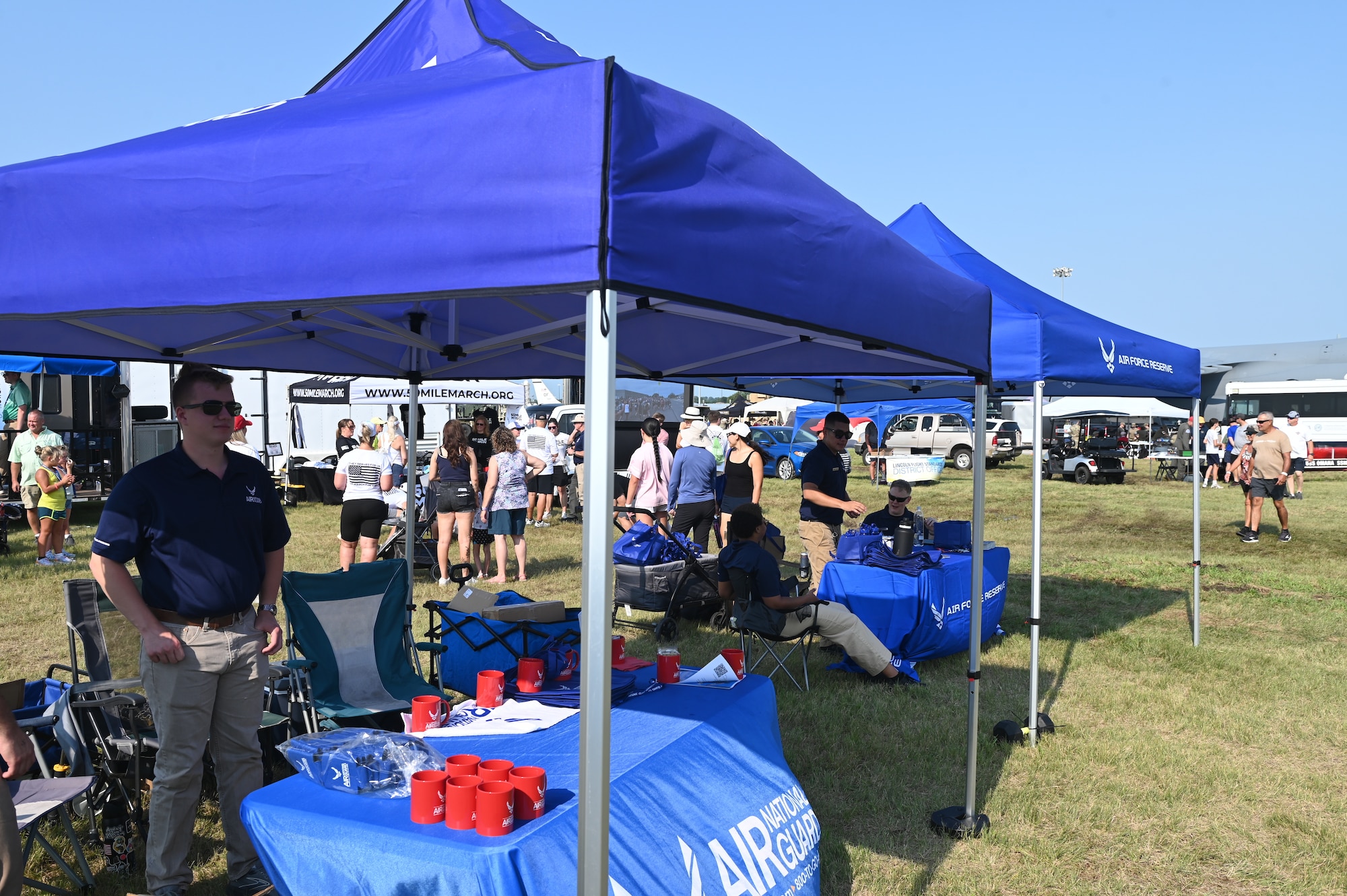 U.S Air Force National Guard and Reserve vendors at the Defenders of Freedom Air and Space Show 2026 relax at Offutt Air Force Base, Nebraska, Aug. 9, 2026. The vendors were there to educate spectators about opportunities the Air Force has to offer for the public. (U.S. Air Force photo by Airman 1st Class Charles Bolden)